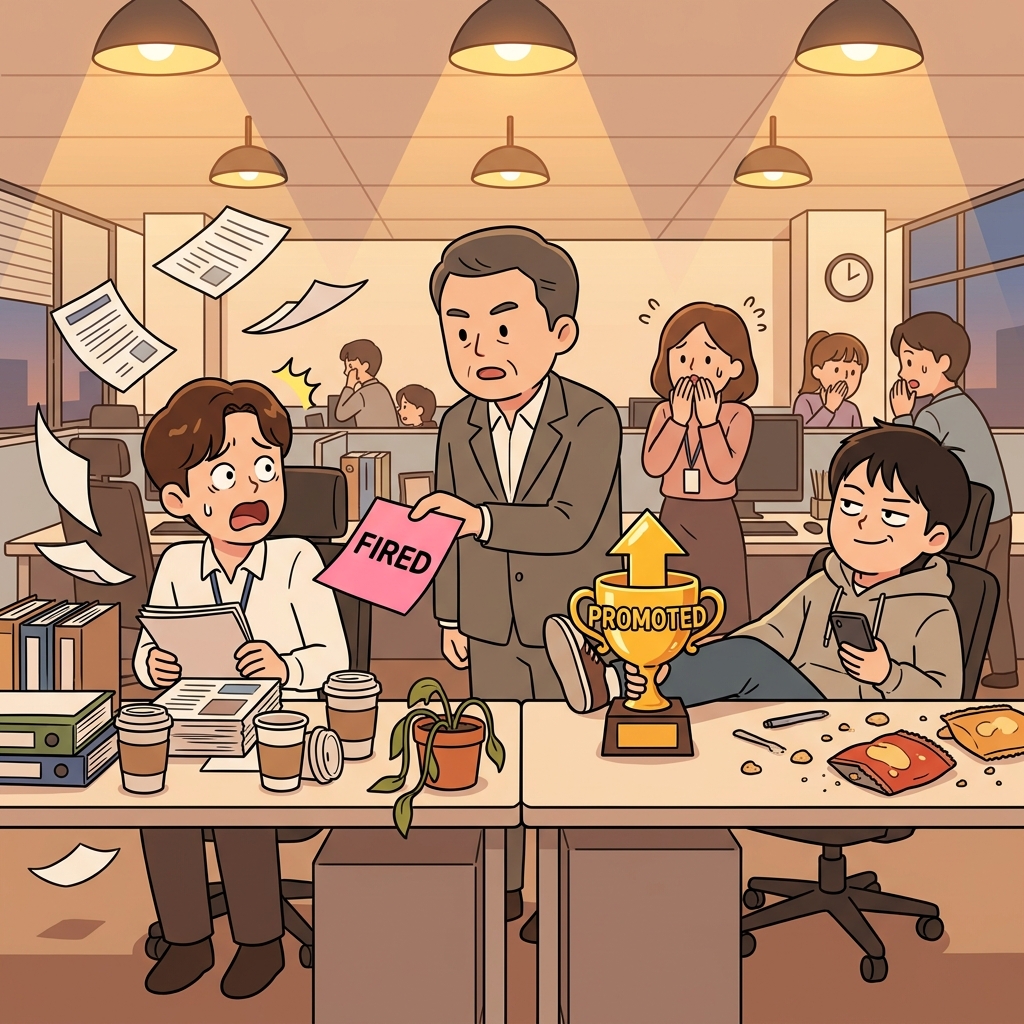 The quiet worker got fired while the loud slacker got promoted — totally undeserved.