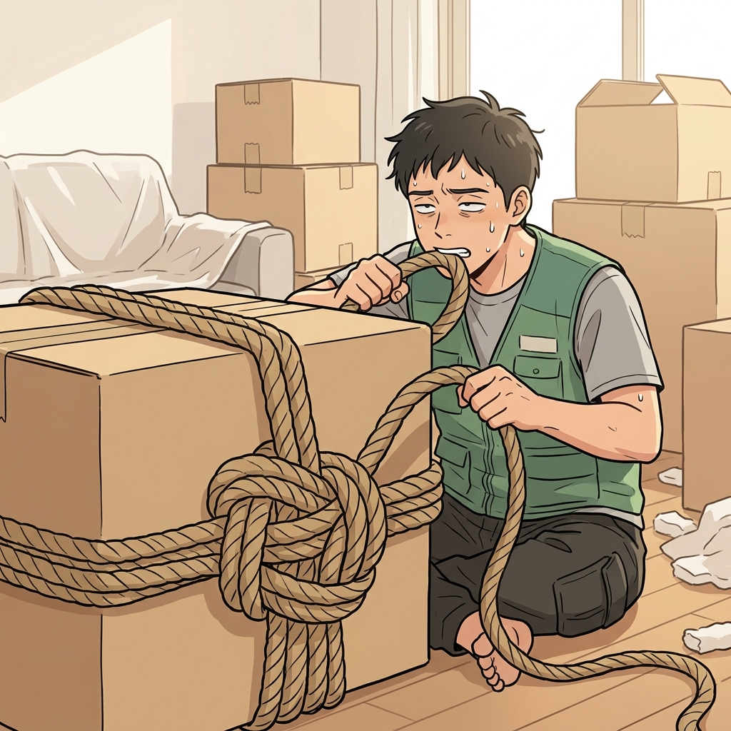 지친 이삿짐센터 직원은 무거운 상자의 거대하고 단단한 매듭을 풀기 위해 낑낑댔다. ("도대체 언(언제) 이 두(두꺼운) 매듭들을 다 풀지?")