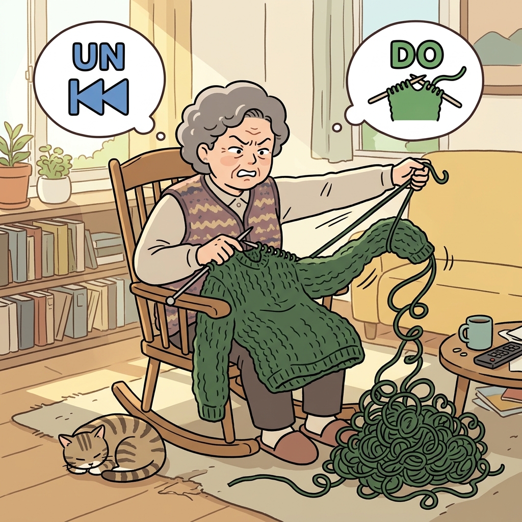 UN(반대로/무효화) + DO(하다) — 뜨개질에서 실수를 되돌리는(undo) 것은 방금 한 모든 것을 물리적으로 실을 당겨 다 풀어버리는 것이다.