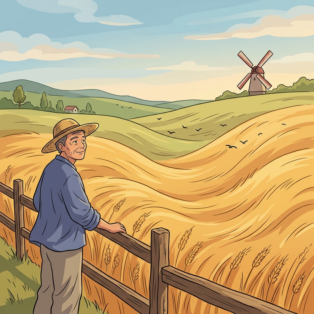 Golden wheat fields undulate gently under the summer breeze.
