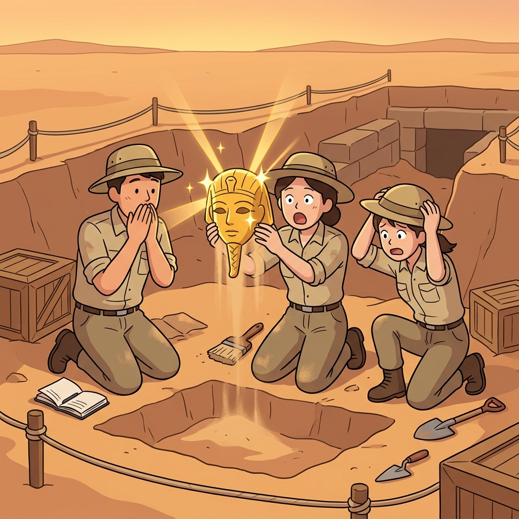 Archaeologists unearth an ancient golden mask buried beneath desert sand.