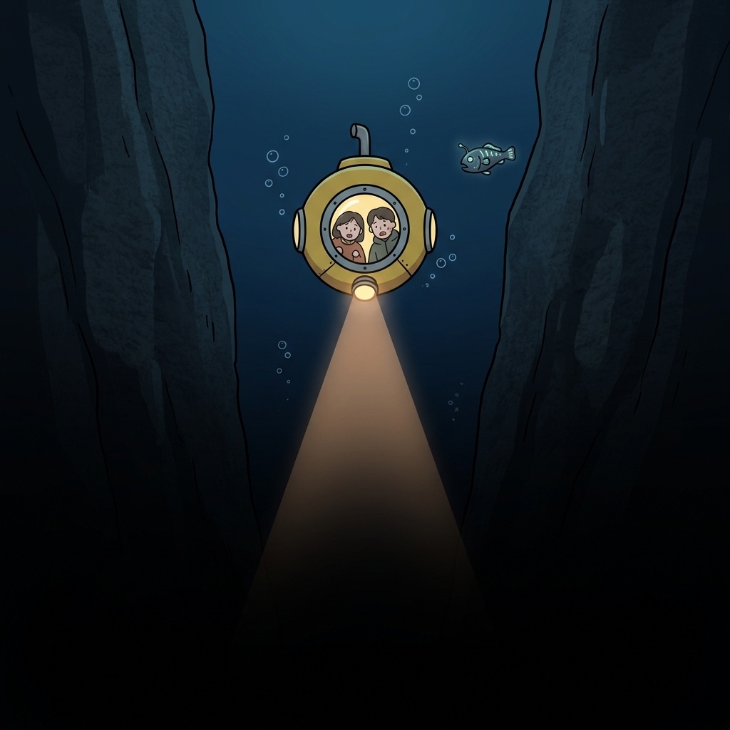 The ocean trench felt unfathomable as the submersible's light vanished into endless black.