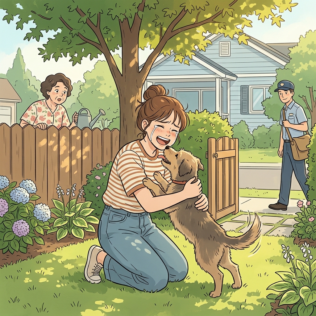 Her unfeigned joy burst out the moment she saw her long-lost puppy.