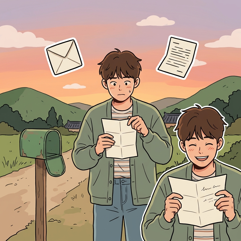 그는 편지를 펼친 뒤 오랫동안 기다리던 소식을 읽었다.