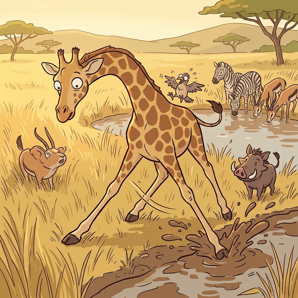 The ungainly giraffe wobbled awkwardly across the muddy watering hole.
