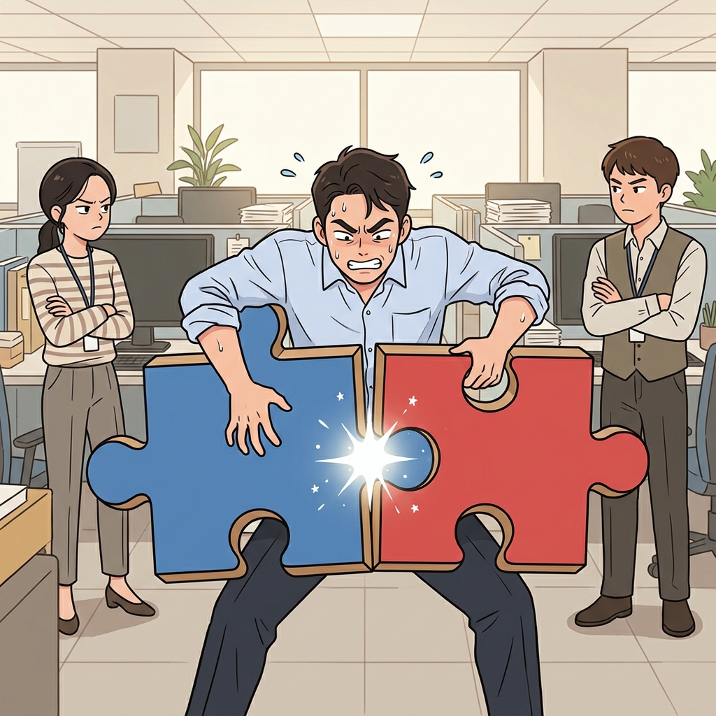 The leader's unification of the divided team began by locking the two giant puzzle pieces together.