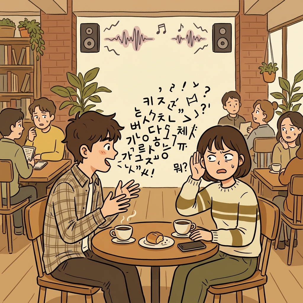 His mumbling was completely unintelligible over the loud cafe music.