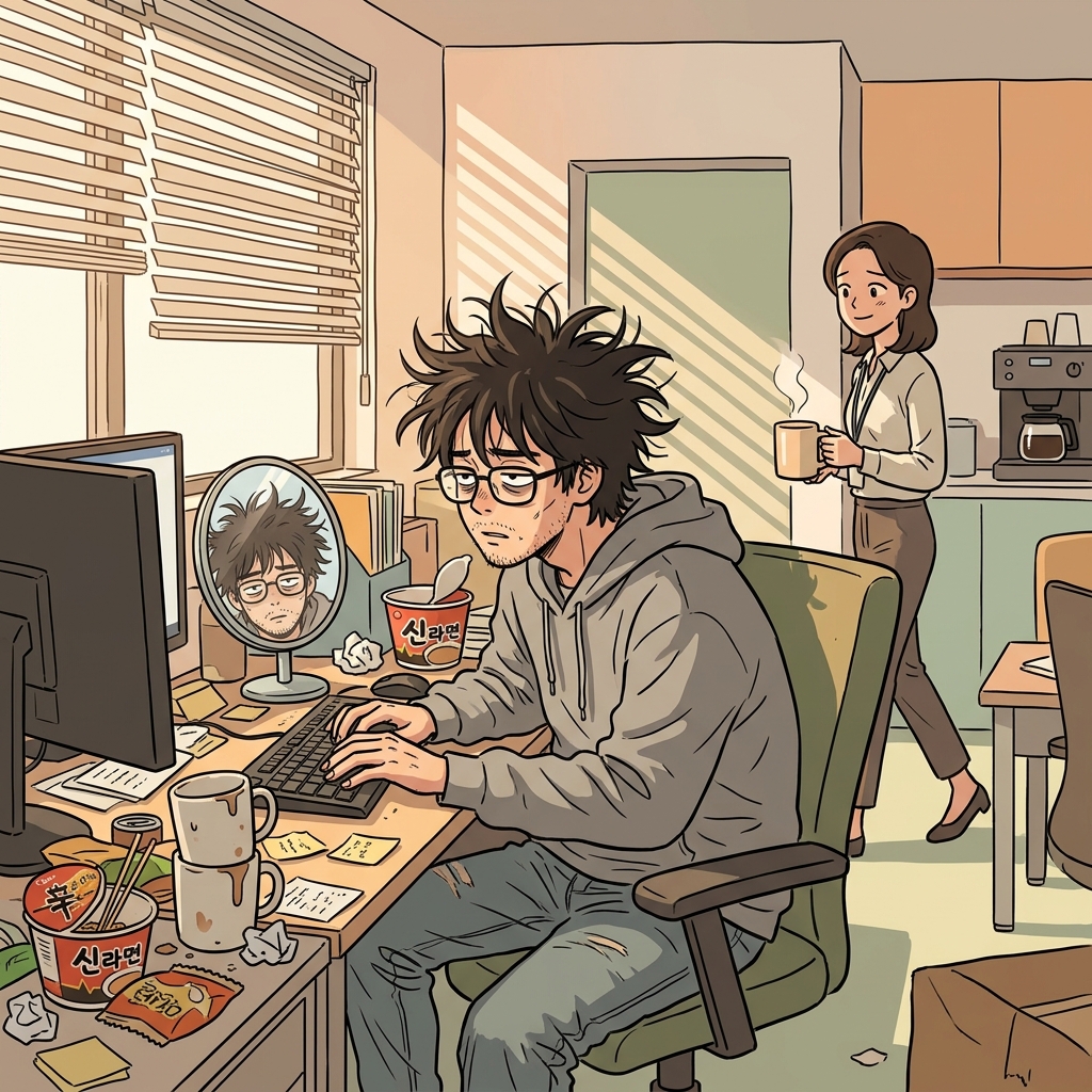 After three sleepless nights coding, his unkempt hair sticks out in every direction.