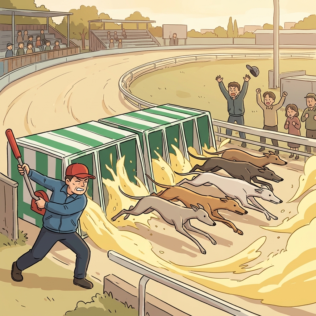 The trainer opens the gate to unleash the racing greyhounds onto the track.