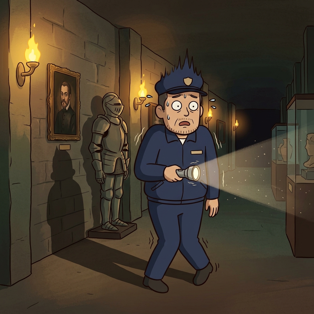 The sudden creak in the empty hallway unnerved the night guard completely.