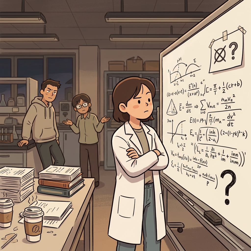 그 과학자의 이론은 아직 증명되지 않은 채 칠판에 남아 있다.