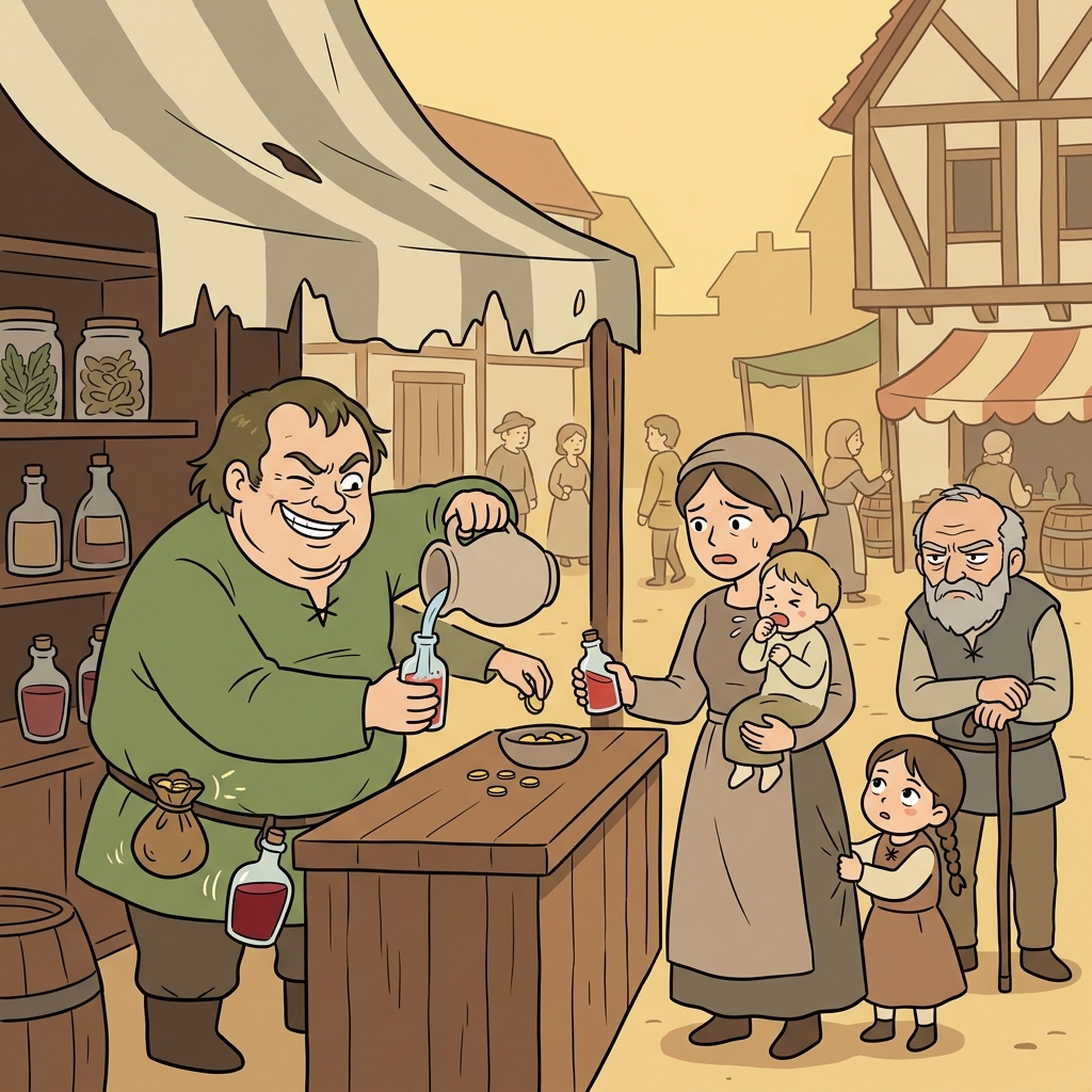 The unscrupulous merchant sells watered-down medicine to desperate villagers without any guilt.