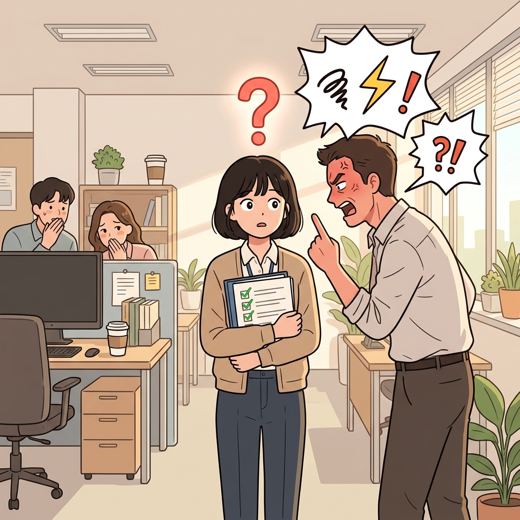 The manager's unwarranted scolding stunned the new employee who had done nothing wrong.