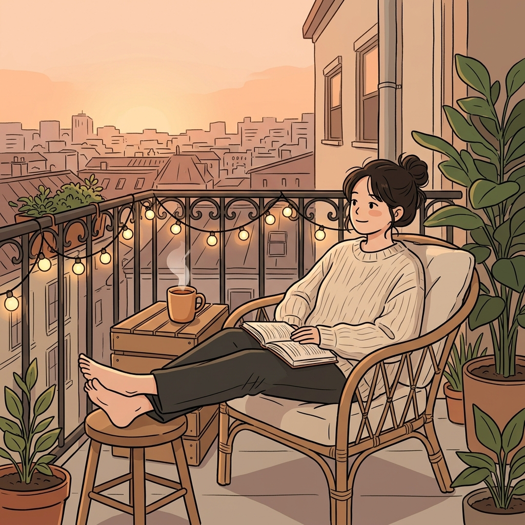 After a long week, she loves to unwind on the balcony with tea and a book.