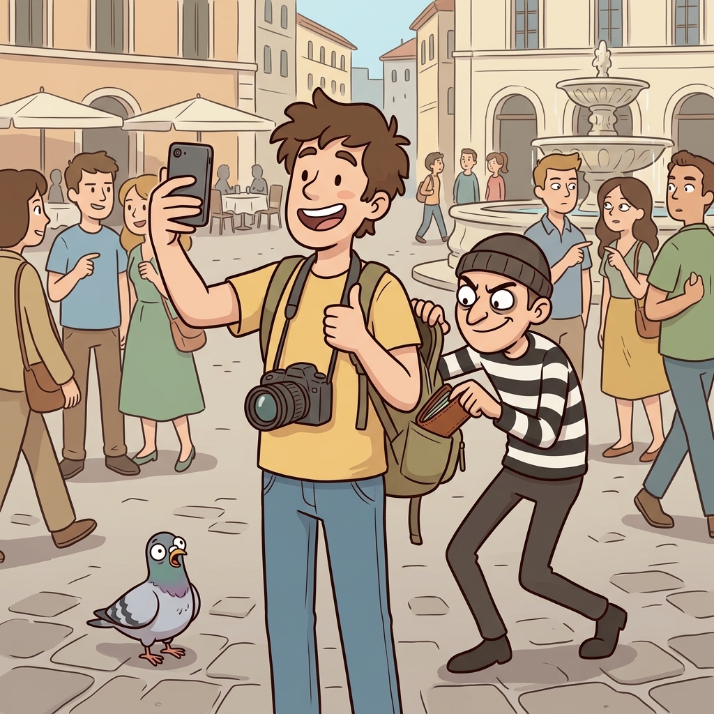 The unwitting tourist smiled for a photo, unaware the pickpocket was reaching into his bag.