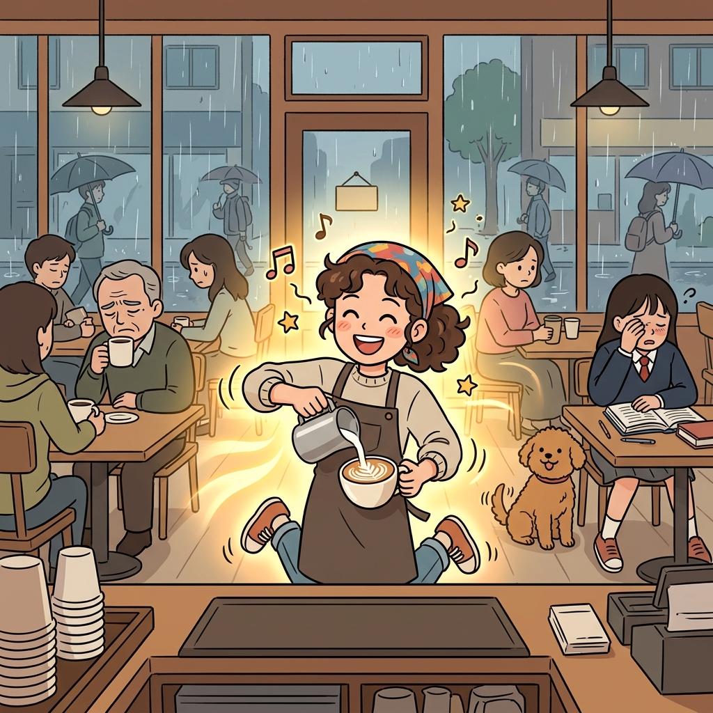 Even on a rainy Monday, her upbeat mood lifts the whole cafe.