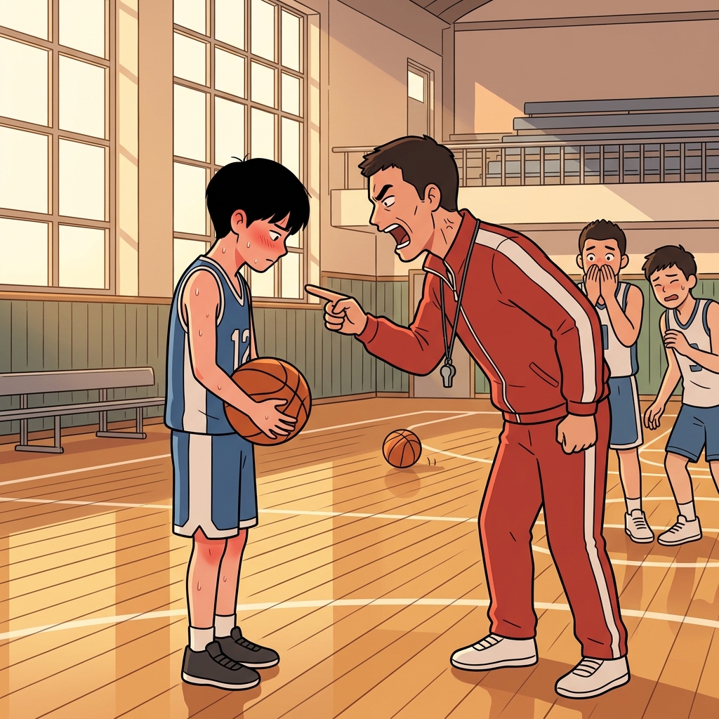 The stern coach upbraids the player for missing an easy shot.