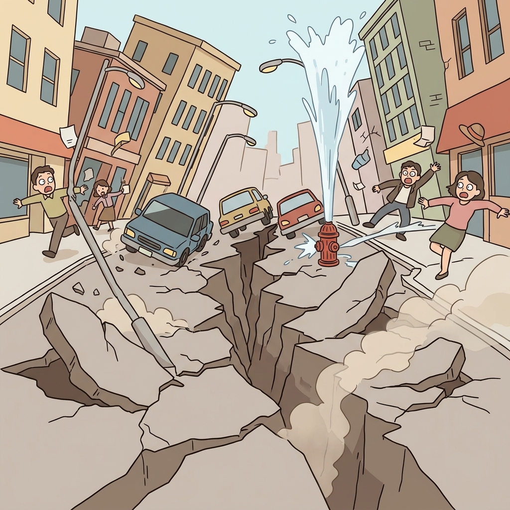 The earthquake caused a massive upheaval, tossing cars and cracking streets open.