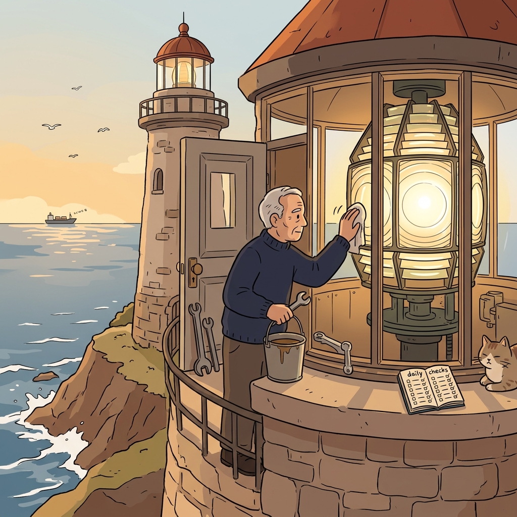 Daily upkeep of the old lighthouse keeps its beam shining for sailors.
