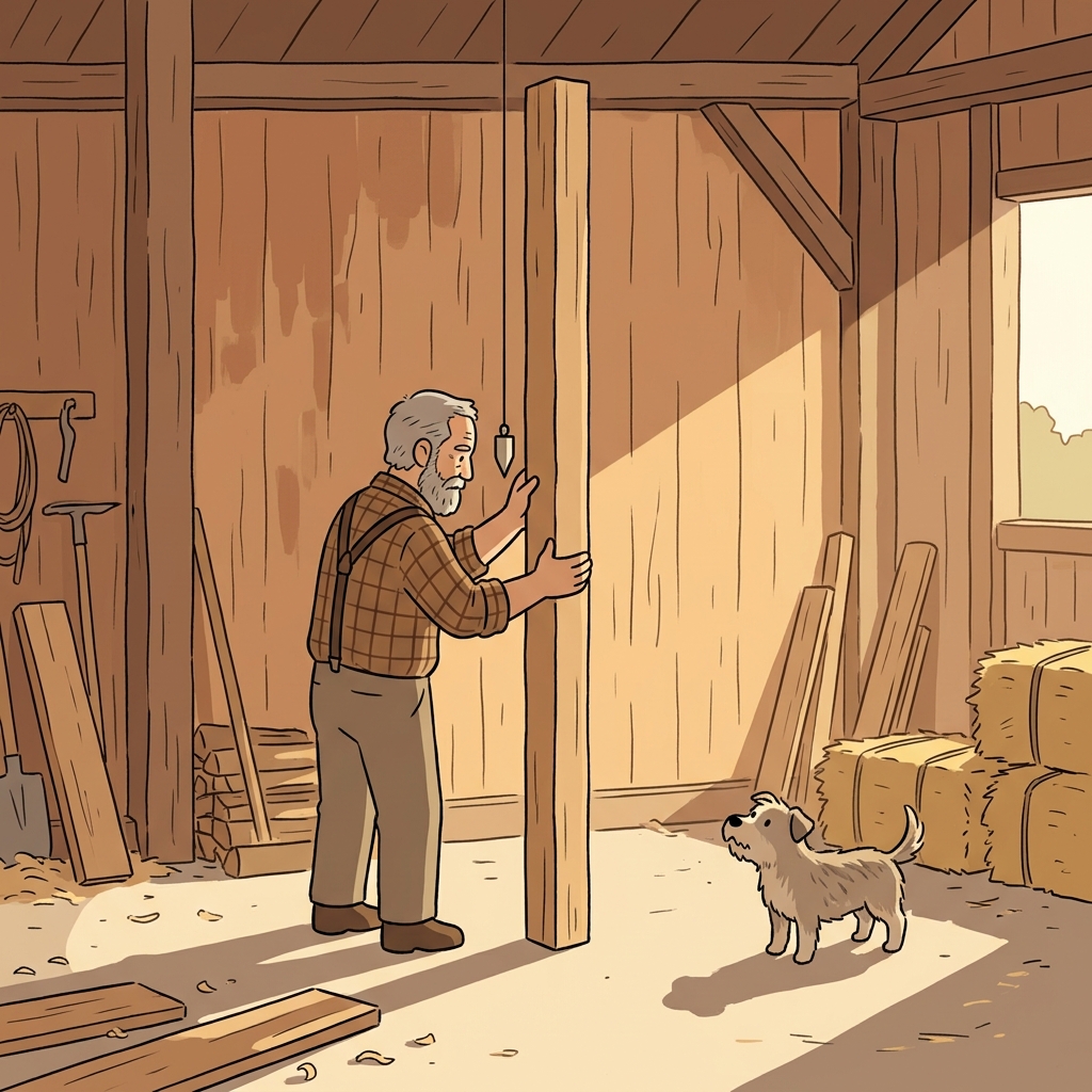 The old carpenter carefully sets the wooden beam upright against the barn wall.