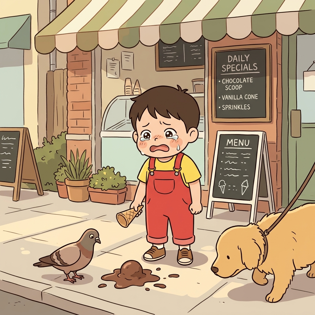The little boy is upset because his ice cream fell on the ground.