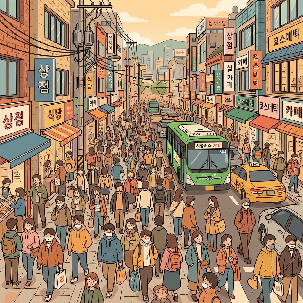 그 가족은 활기찬 도시 생활을 즐겼다. ("어? 바글바글!" → 사람이 바글바글 모여 있는 도시)