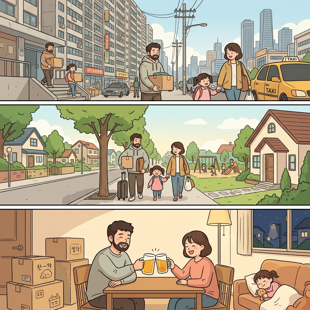 그 가족은 도심 아파트를 떠나 교외 주택으로 이사했고, 저녁에는 버번 한 병으로 새 출발을 축하했다.