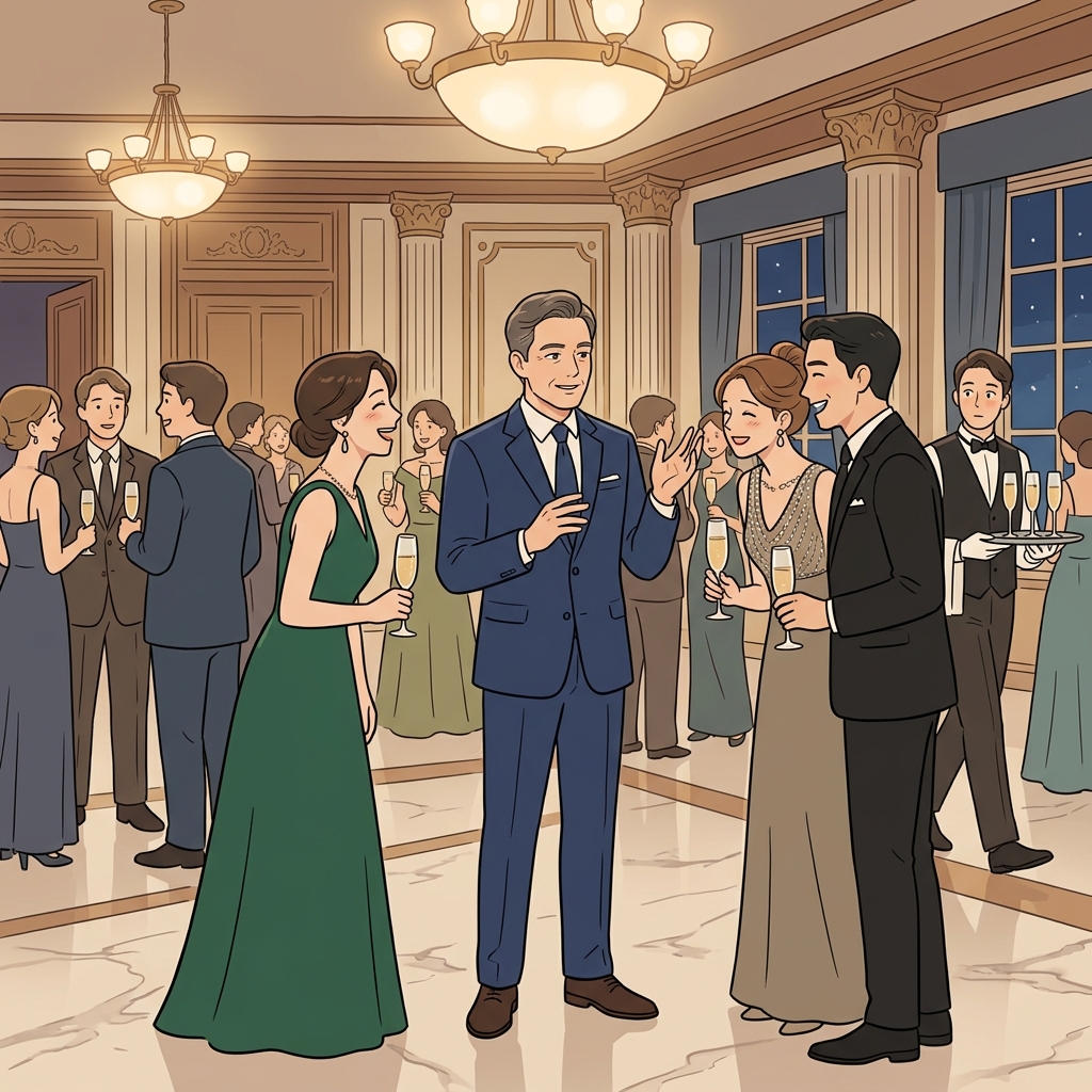 The urbane diplomat charms every guest with effortless wit at the embassy gala.