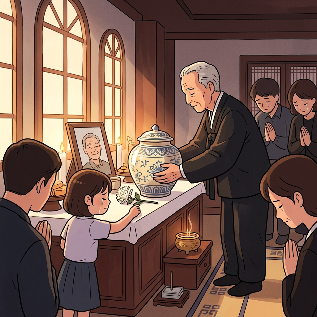 가족들은 할아버지의 유해를 도자기 항아리에 정성스레 담았다.
