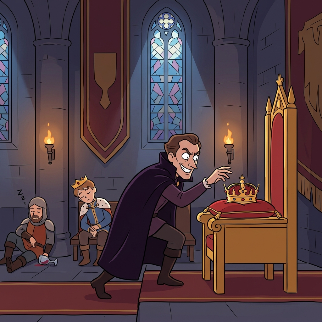 The ambitious duke tries to usurp the throne while the young king sleeps.