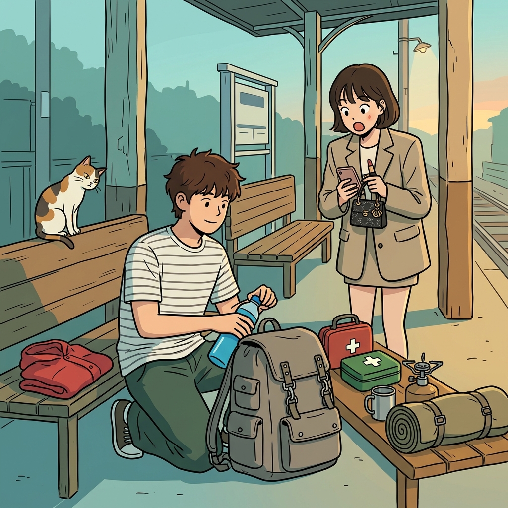 His utilitarian backpack has zero style but fits everything he needs for the trip.