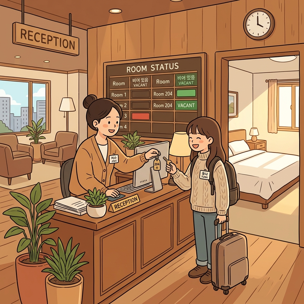 호텔에는 빈 객실 하나가 있었고, 여행자는 기쁘게 체크인했다. (비었니?" → 호텔 직원이 "비었니?" 하며 빈 객실을 확인한다)