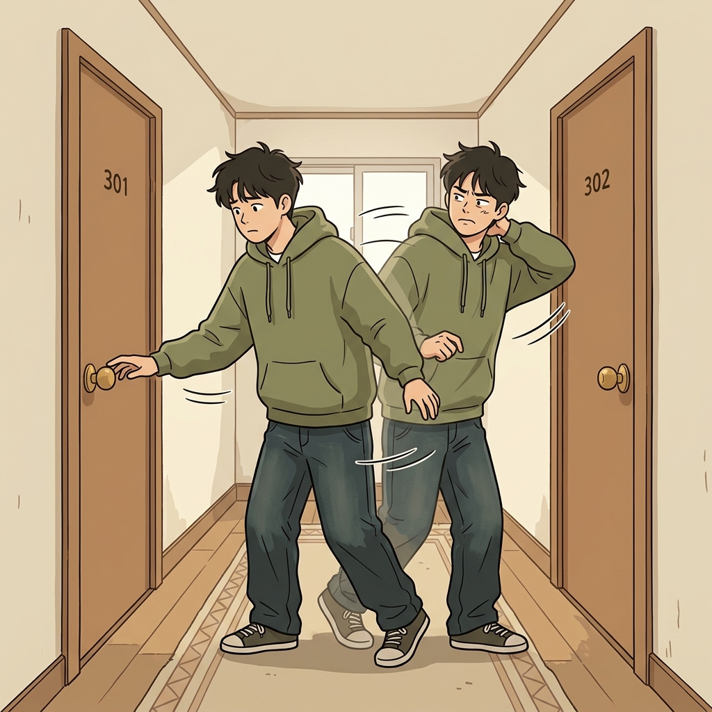He vacillated between the two doors without opening either one. (to go back and forth between choices)