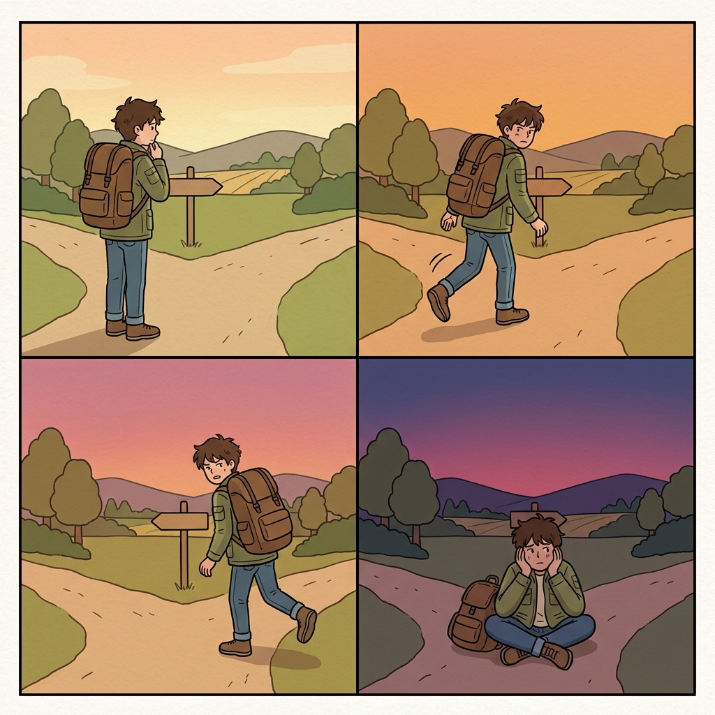 그는 계속 망설이는(vacillation) 바람에 두 갈래 길 중 어느 쪽도 선택하지 못했다.