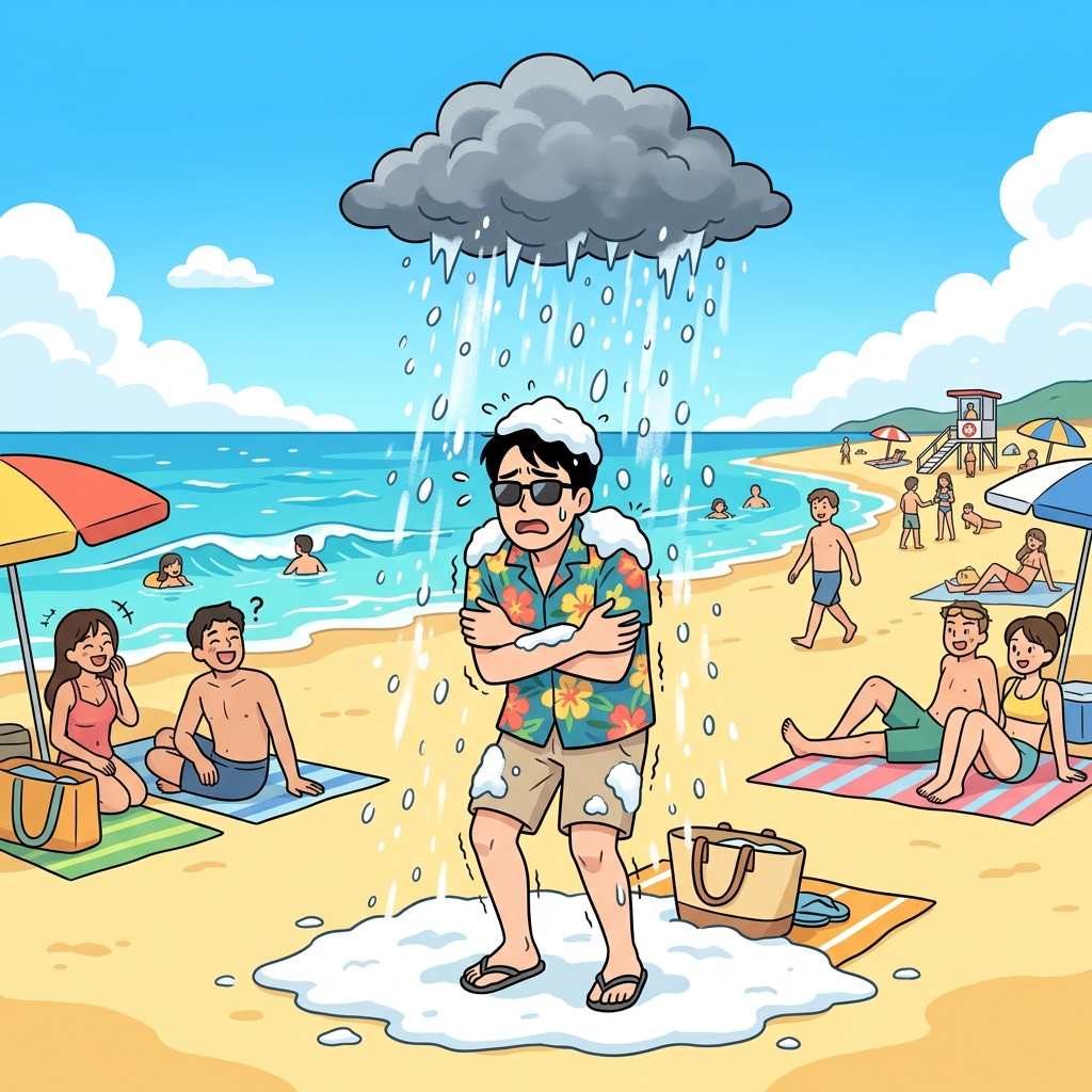 A sudden vagary of the weather dumped thick snow directly onto the sunny beach.