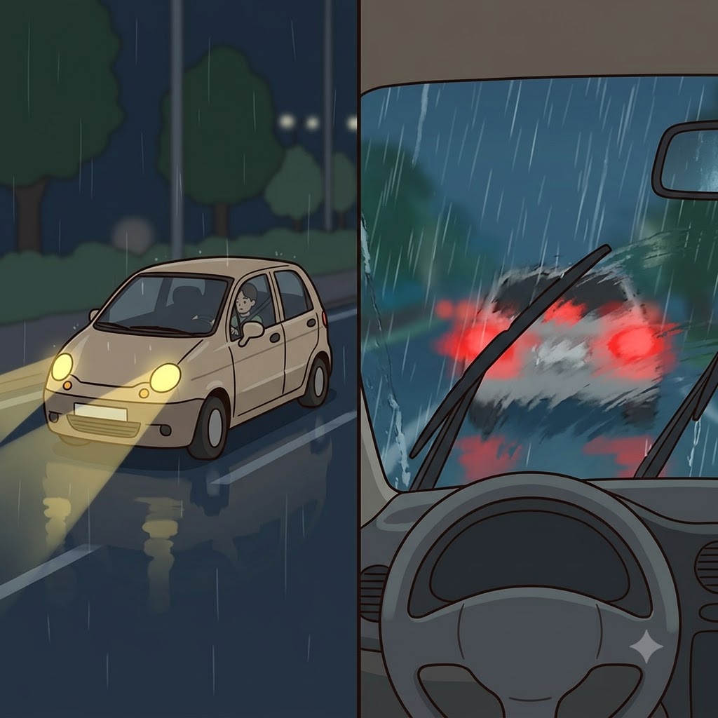 The vague red taillights reminded the driver to stay safe in the heavy rain.