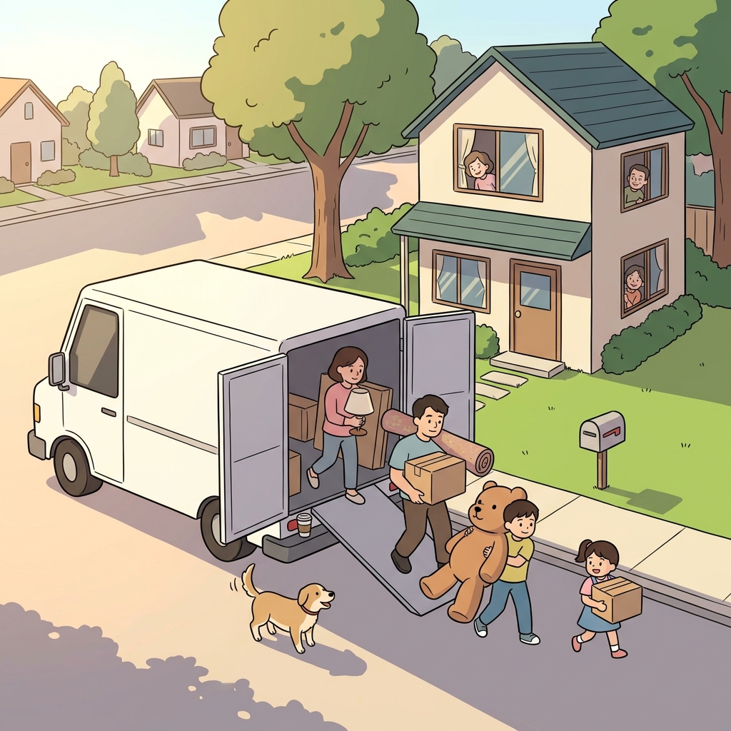 The moving van pulls up as the family starts unloading boxes.