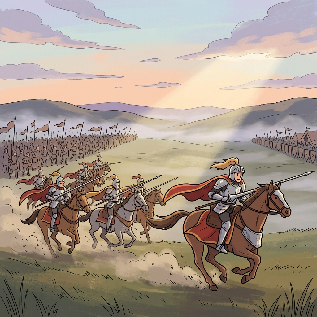 The vanguard of knights charges ahead, breaking the enemy line before the main army arrives.