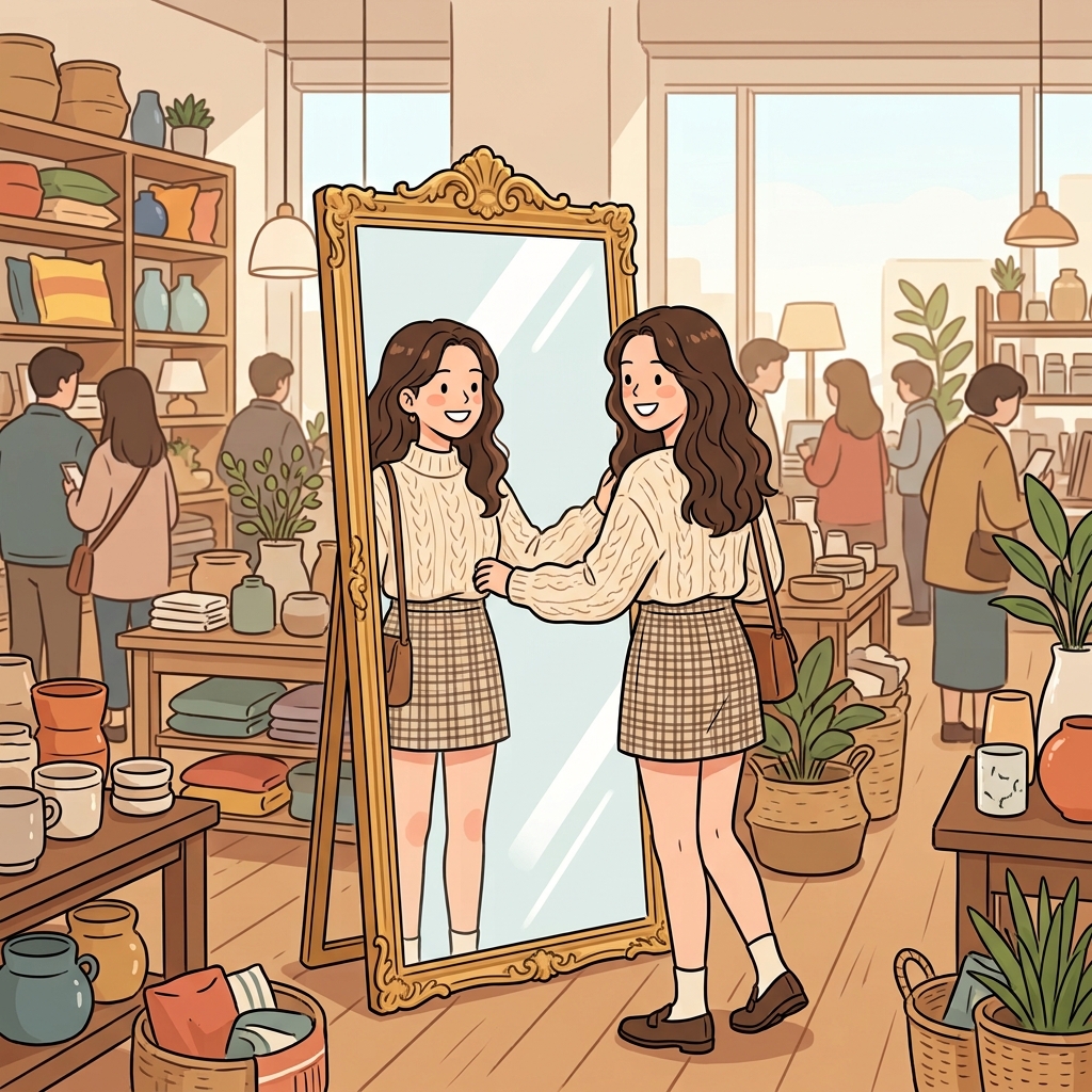 그녀는 허영심 때문에 또 비싼 거울을 샀다. ("봐! 네(니)!" → '봐, 내 모습!' 하며 거울만 본다)