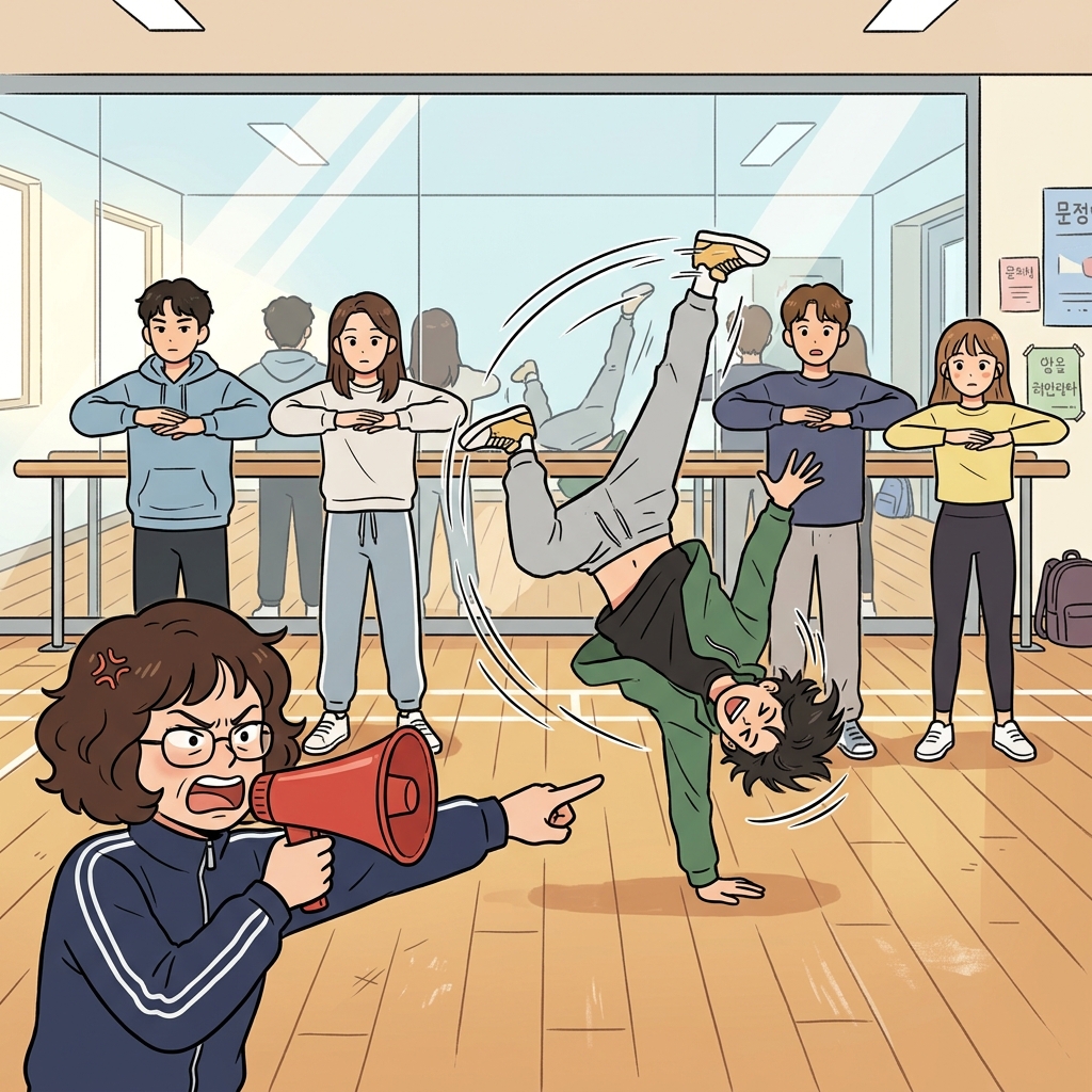 발에 너무 많은 액션을 넣은 그의 거친 안무 변형은 댄스 강사를 격노하게 만들었다. ("발(바리)에 과장된 액션(에이션)")