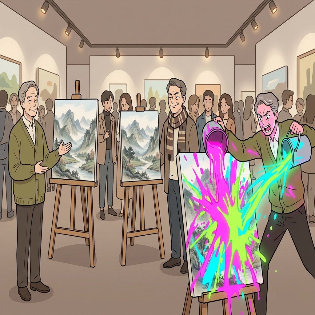 Annoyed by the cheap imitation of his original creation, the artist aggressively painted a wild, unrecognizable variation.
