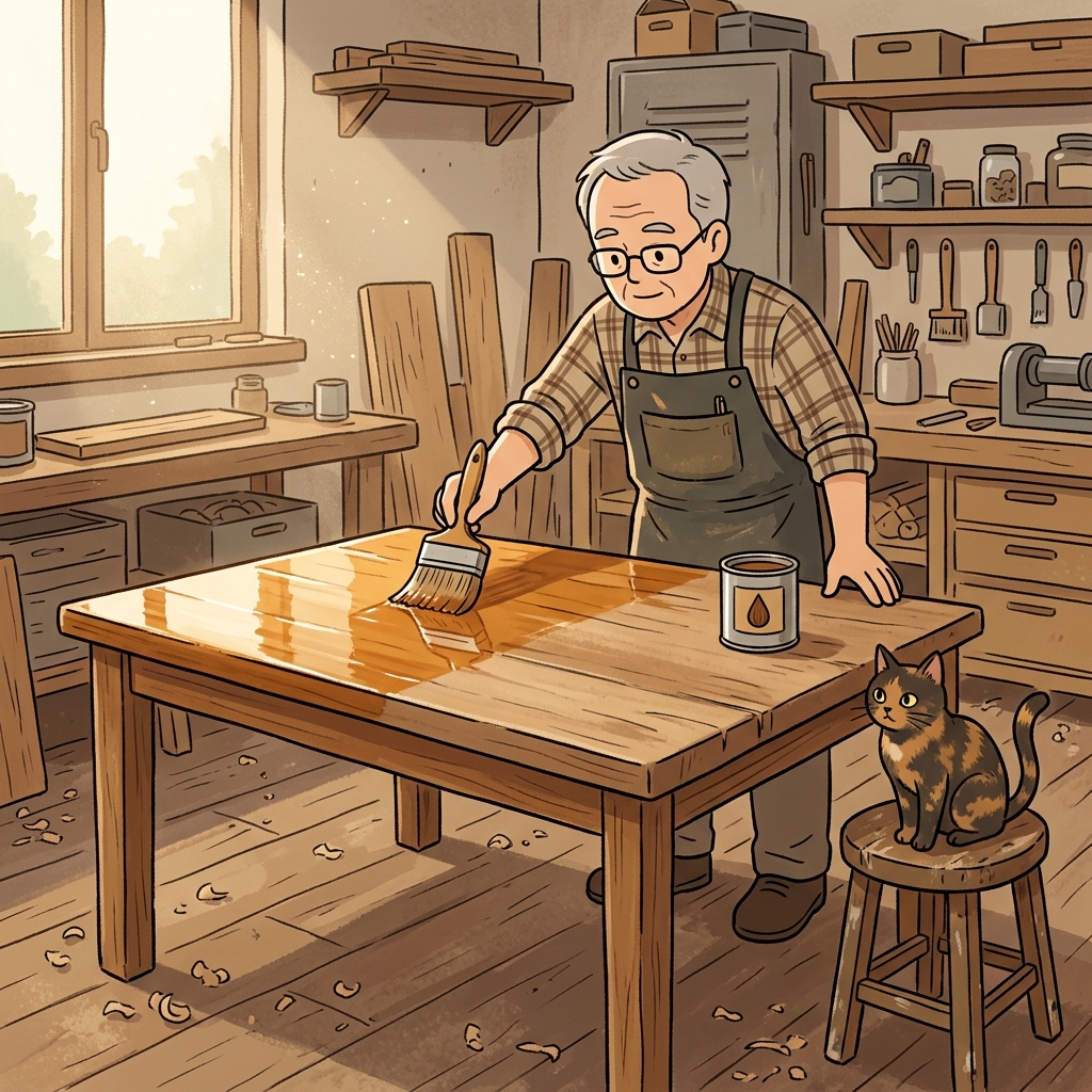 The carpenter brushes glossy varnish over the old oak table until it gleams.