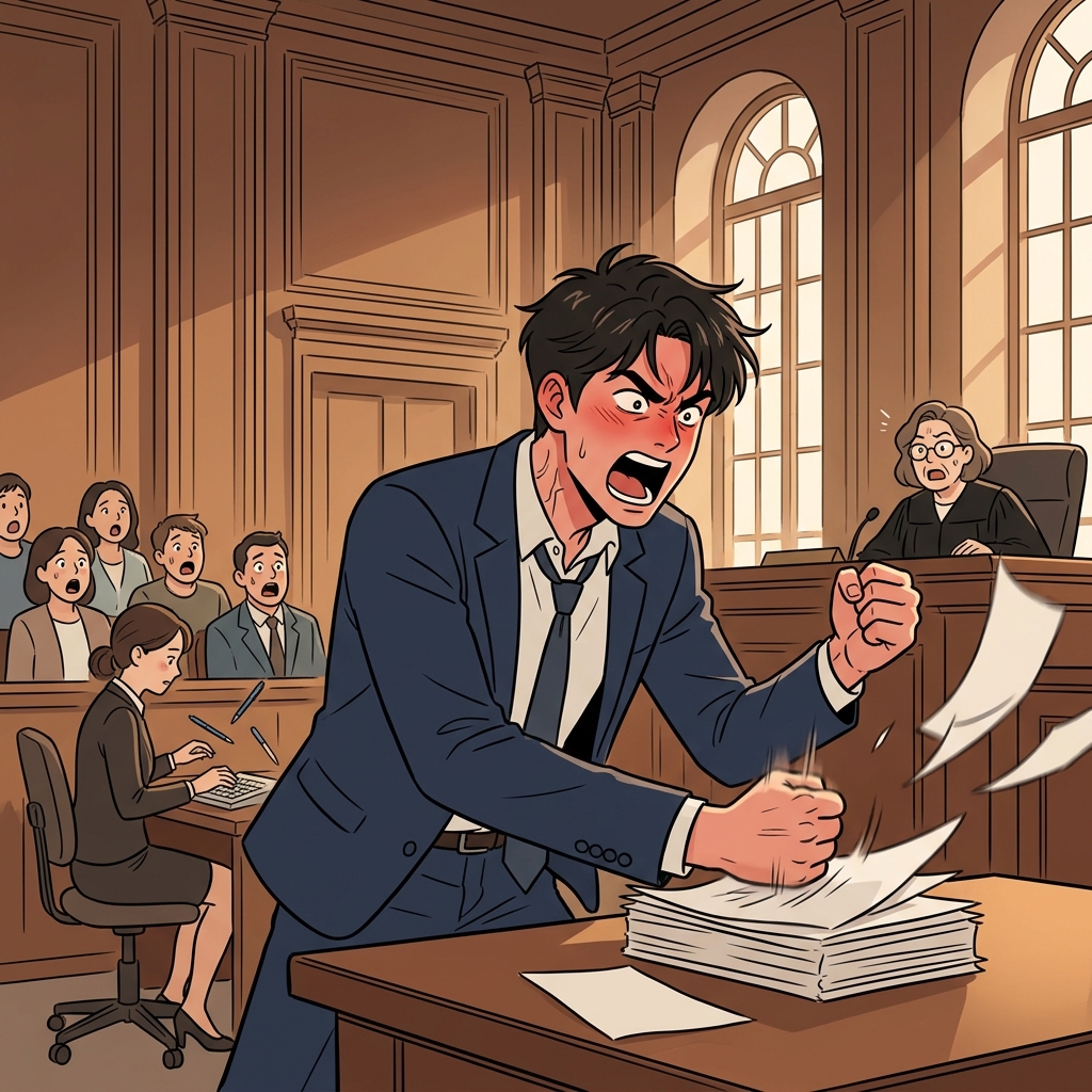 His vehement protest shook the courtroom as he slammed the table.