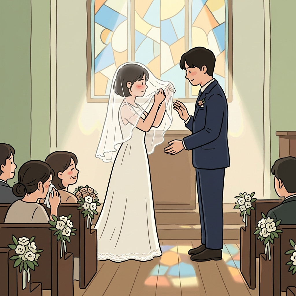 The bride lifts her veil as sunlight streams through the chapel windows.
