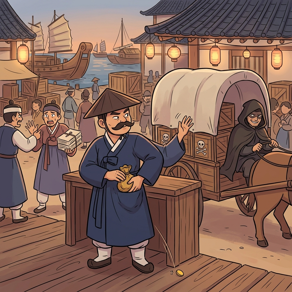 The venal customs officer waves smugglers through after pocketing a fat bribe.