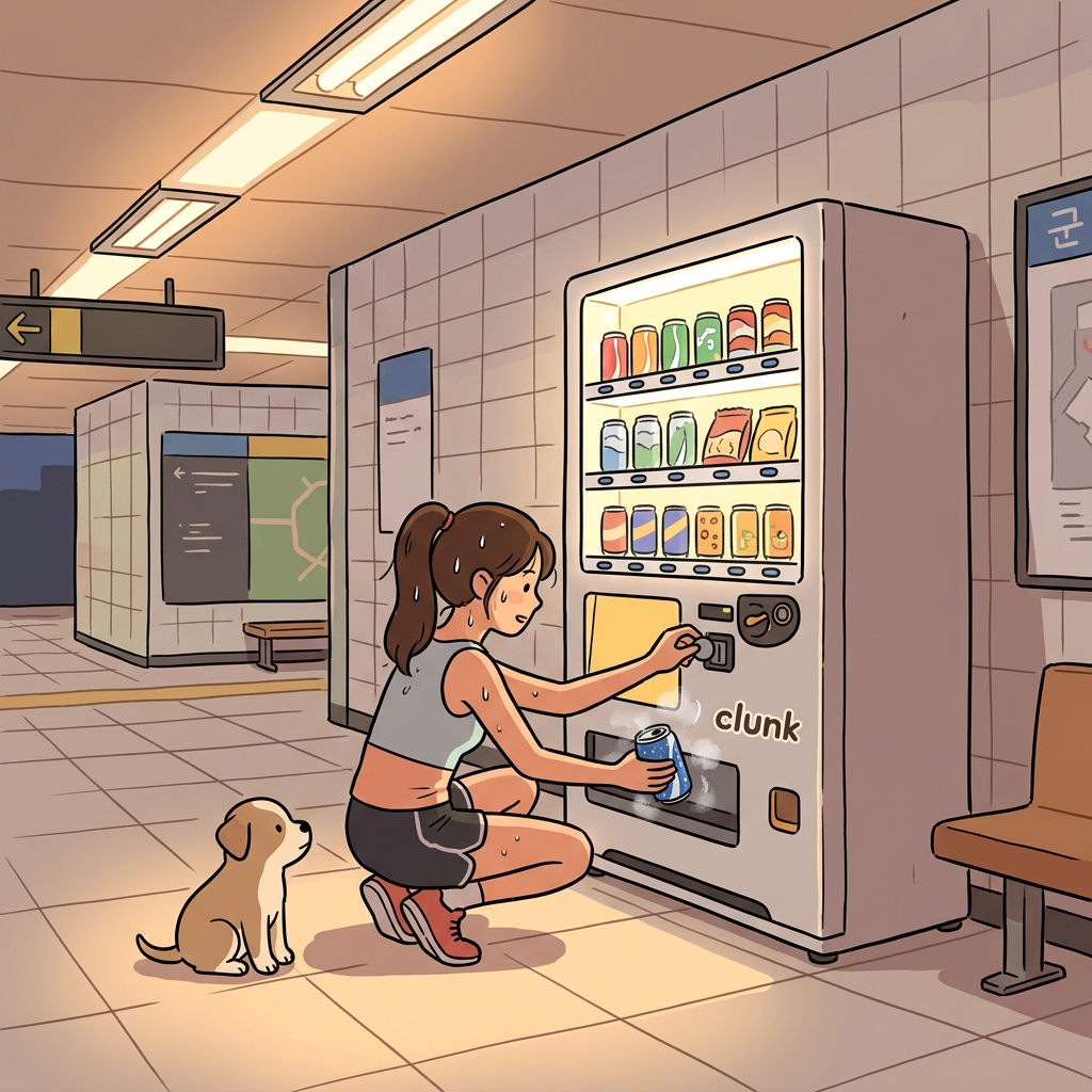She grabs a cold soda from the vending machine after her run.