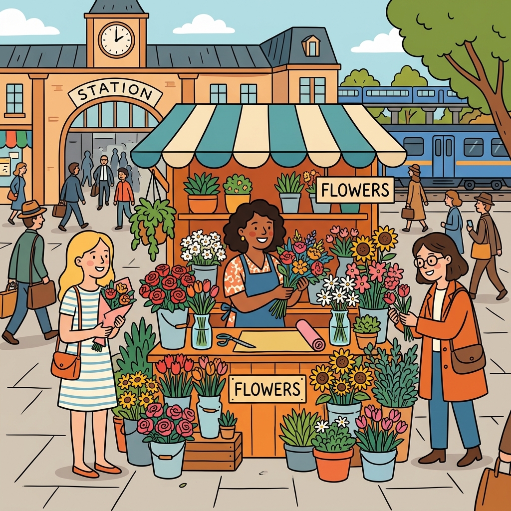 The vendor happily sold flowers outside the station. (VENDOR → VEND → a vendor is someone who sells goods)