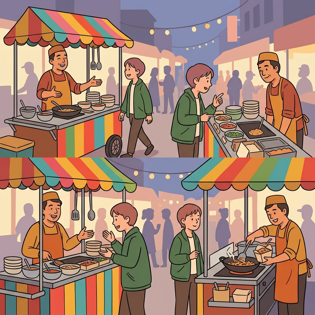 The vendor greeted the customer, took the order, and served the food with a smile.