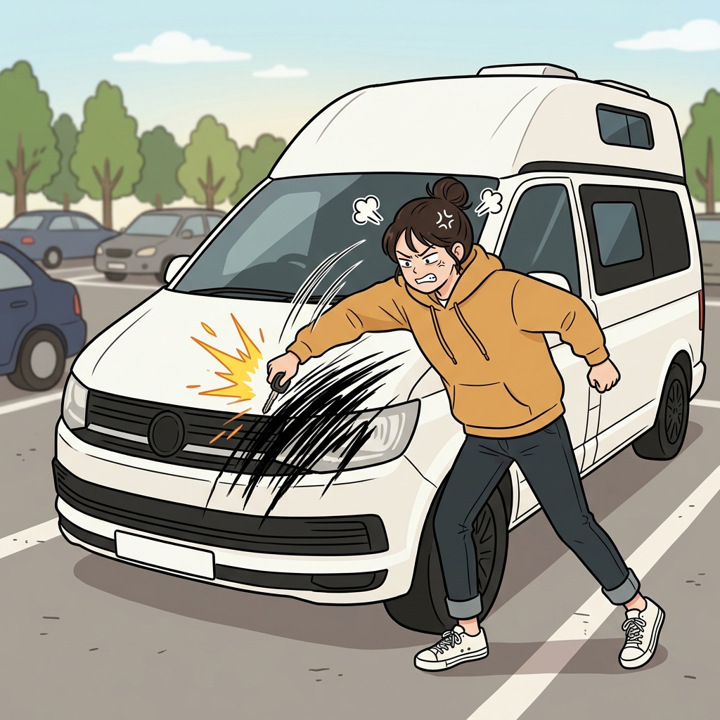 그녀는 그의 소중한 밴(van)의 전면(앞)에 거대한 스크래치를 내며 완벽한 복수를 했다. ("밴(van) 전(앞면) 스(스크래치)")