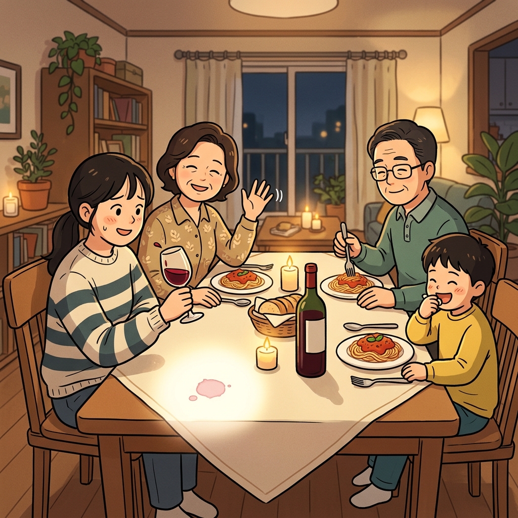 식탁보에 와인 한 방울 흘린 건 별거 아닌 사소한 실수야.